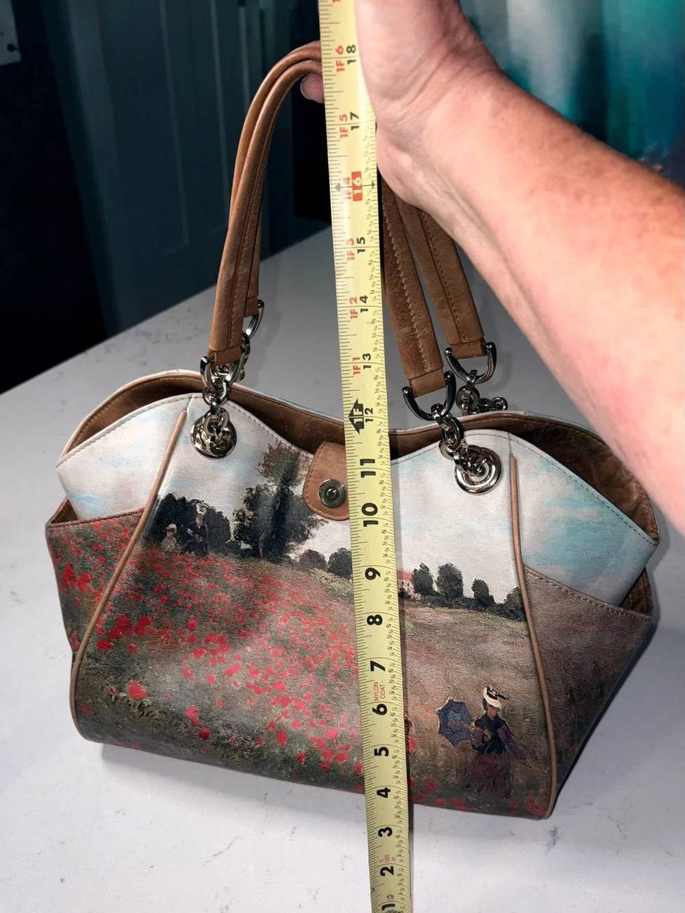 Icon Los Angeles Vintage Leather Tote Bag Claude Monet Poppy Field Art Handbag